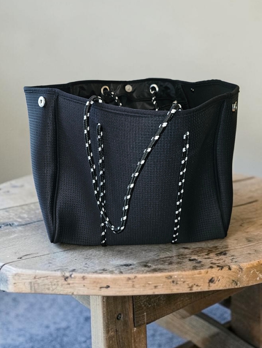 Large Black Neoprene Tote Bag with Contrast Rope Handles